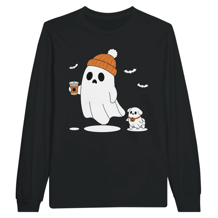 Black - Ghost Walking Ghost Dog long sleeve tee, plain front view on white