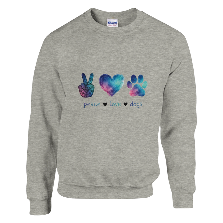 Ash - Peace Love Dogs sweatshirt, plain front view on white