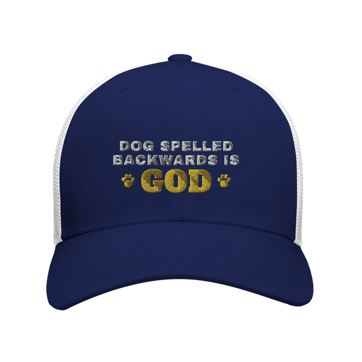 Navy/White - Dog Spelled Backwards Is God trucker hat, front view on white