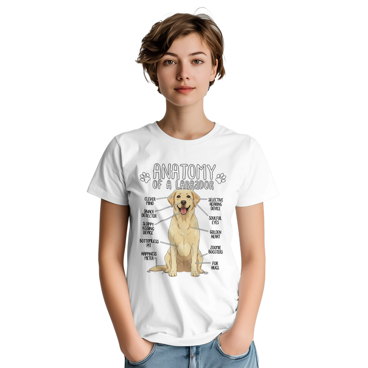 White - Anatomy of a Yellow Labrador tee, worn by a woman, plain light background