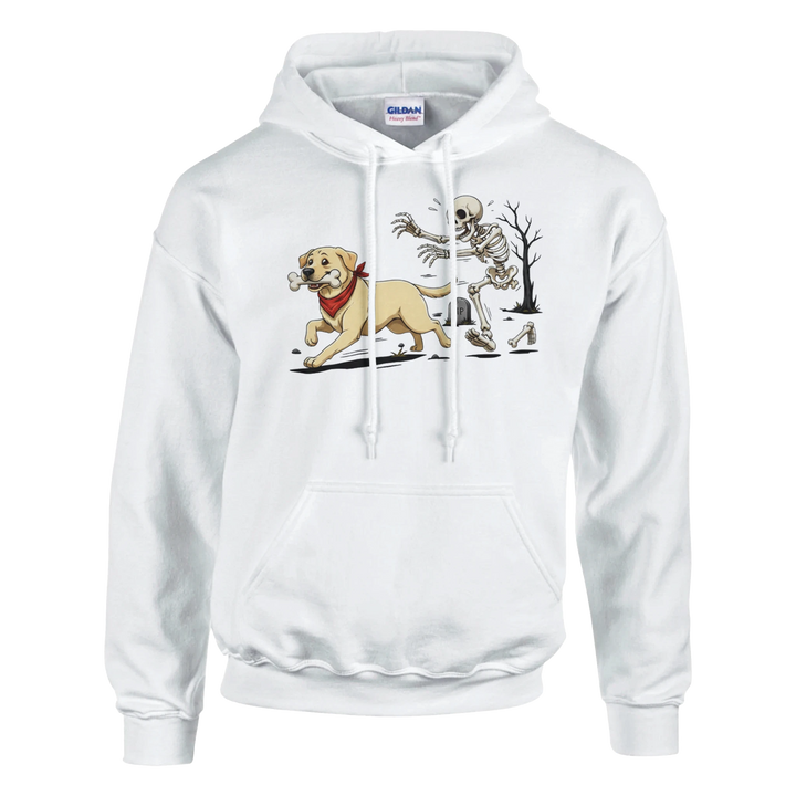 White - Dog Stealing Bone Halloween hoodie, plain front view on white