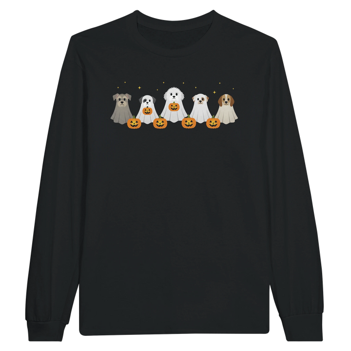 Black - Dog Ghost Halloween long sleeve tee, plain front view on white