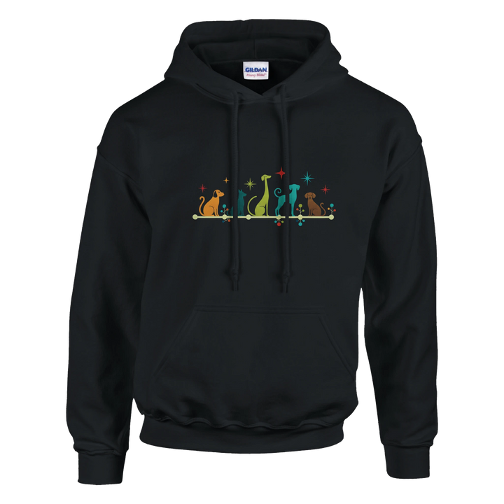 Black - Mid-Century Modern Dogs hoodie, plain front view on white