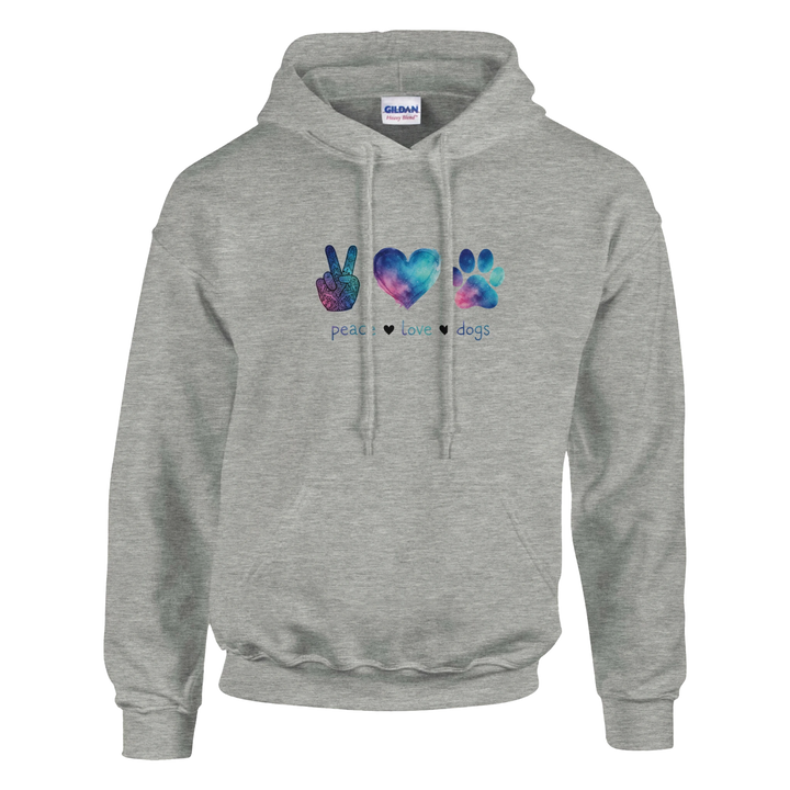 Ash - Peace Love Dogs hoodie, plain front view on white