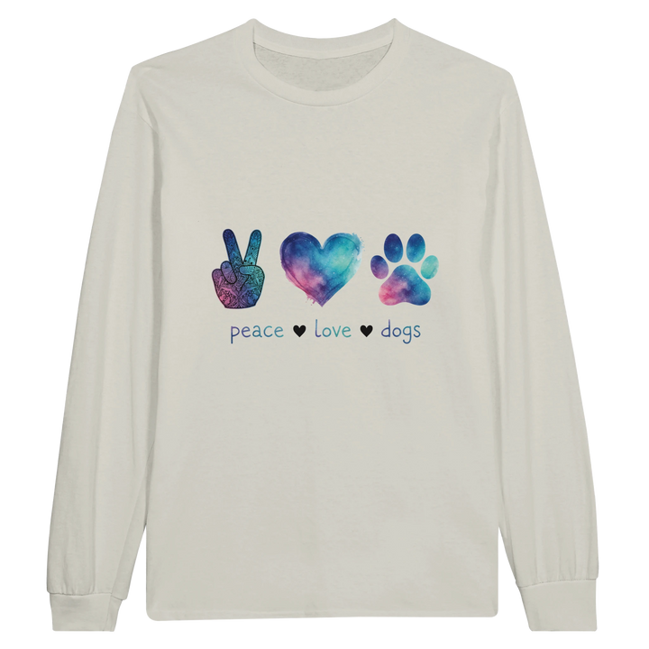 Ash - Peace Love Dogs long sleeve tee, plain front view on white