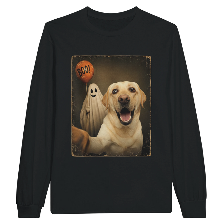 Black - Ghost Selfie Boo Dog long sleeve tee, plain front view on white