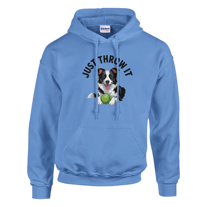Carolina Blue - Just Throw It Border Collie hoodie, plain front view on white