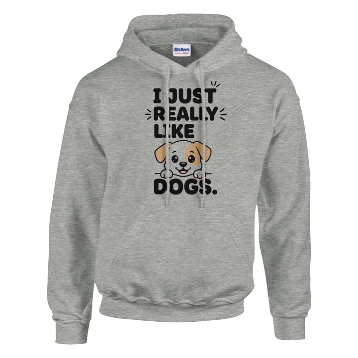 Ash - I Just Really Like Dogs hoodie, plain front view on white