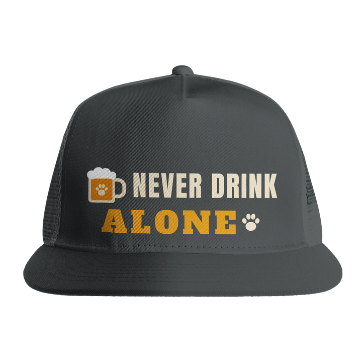 Charcoal - Never Drink Alone trucker hat, front view on white