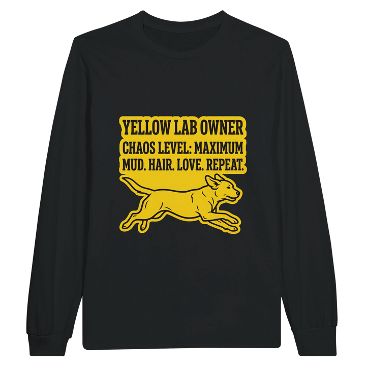 Black - Yellow Lab Chaos Level long sleeve tee, plain front view on white