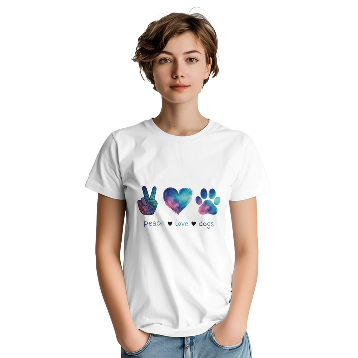 White - Peace Love Dogs tee, worn by woman, white studio