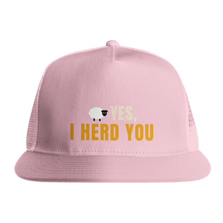 Pink - Yes I Herd You Border Collie trucker hat, front view on white