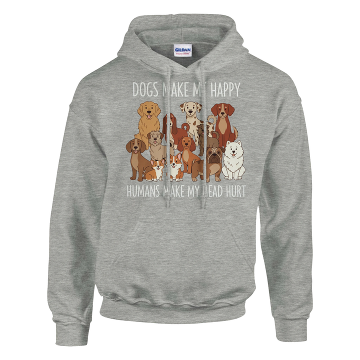 Ash - Dogs Make Me Happy hoodie, plain front view on white