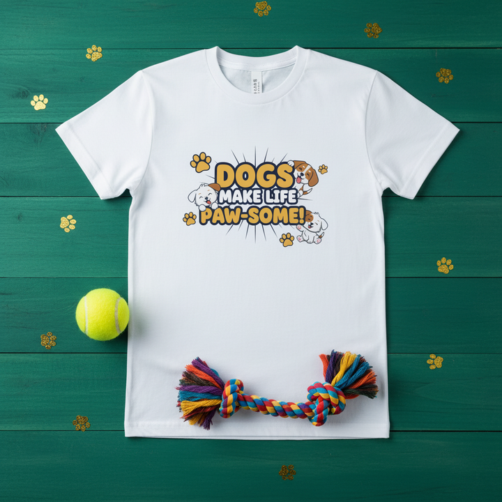White - Dogs Make Life Paw-some tee, flat lay