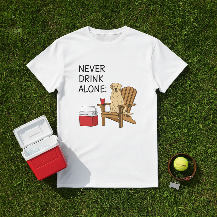 White - Never Drink Alone Dog tee, flat lay