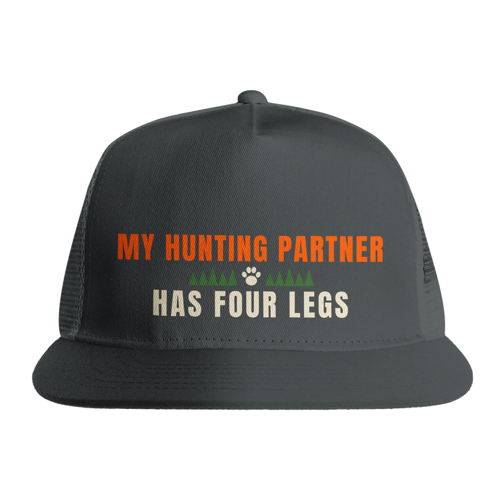 Charcoal - My Hunting Partner Has Four Legs trucker hat, front view on white