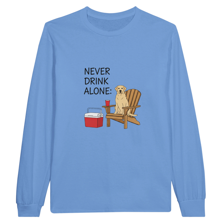 Carolina Blue - Never Drink Alone long sleeve tee, plain front view on white