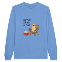 Load image into Gallery viewer, Carolina Blue - Never Drink Alone long sleeve tee, plain front view on white
