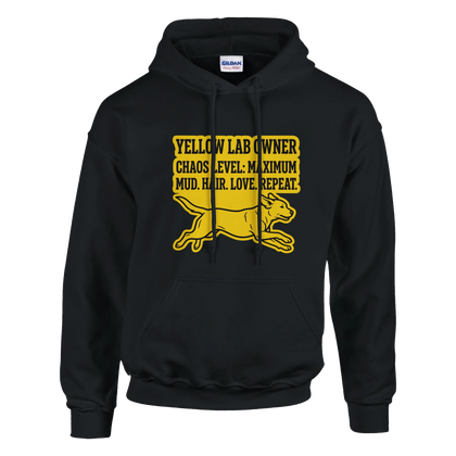 Black - Yellow Lab Chaos Level hoodie, plain front view on white