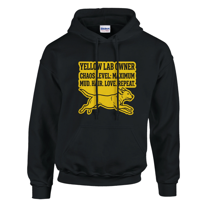 Black - Yellow Lab Chaos Level hoodie, plain front view on white