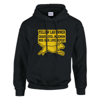 Load image into Gallery viewer, Black - Yellow Lab Chaos Level hoodie, plain front view on white

