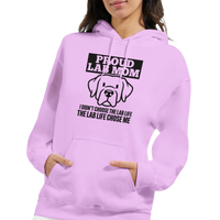 Load image into Gallery viewer, Light Pink - Proud Lab Mom hoodie, worn by a smiling woman, hands in pocket

