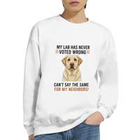 Load image into Gallery viewer, White - My Lab Never Voted Wrong sweatshirt, worn by a man, plain light background
