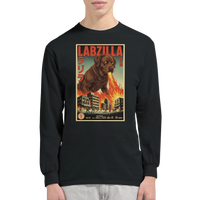 Load image into Gallery viewer, Black - Labzilla long sleeve tee, worn by a man, plain light background
