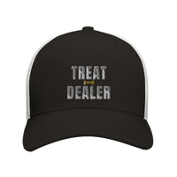 Load image into Gallery viewer, Black/White - Treat Dealer trucker hat, front view on white
