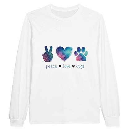 White - Peace Love Dogs long sleeve tee, plain front view on white