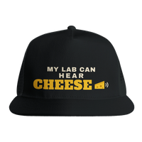 Load image into Gallery viewer, Black - My Lab Can Hear Cheese trucker hat, front view on white
