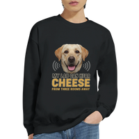 Load image into Gallery viewer, Black - My Lab Can Hear Cheese sweatshirt, worn by a man, plain light background
