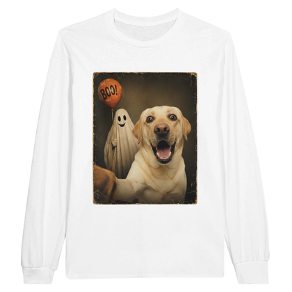 White - Ghost Selfie Boo Dog long sleeve tee, plain front view on white