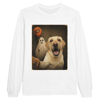 Load image into Gallery viewer, White - Ghost Selfie Boo Dog long sleeve tee, plain front view on white
