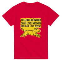 Load image into Gallery viewer, Red - Yellow Lab Chaos Level tee, plain front view on white
