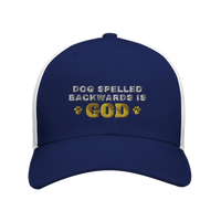 Load image into Gallery viewer, Navy/White - Dog Spelled Backwards Is God trucker hat, front view on white
