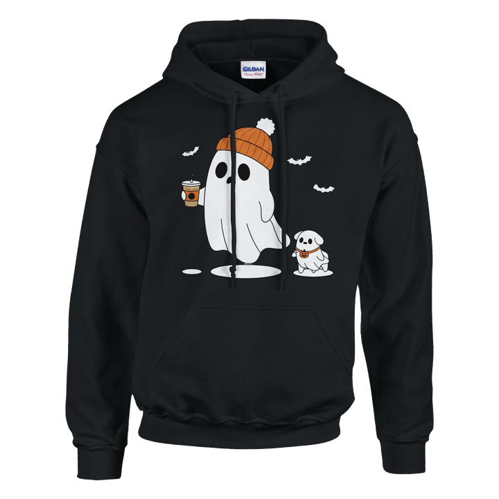 Black - Ghost Walking Ghost Dog hoodie, plain front view on white