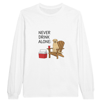 Load image into Gallery viewer, White - Never Drink Alone long sleeve tee, plain front view on white
