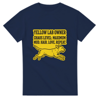 Load image into Gallery viewer, Navy - Yellow Lab Chaos Level tee, plain front view on white
