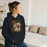 Load image into Gallery viewer, Black - Ghost Selfie Boo Dog hoodie, worn by a woman sitting on a couch in a living room
