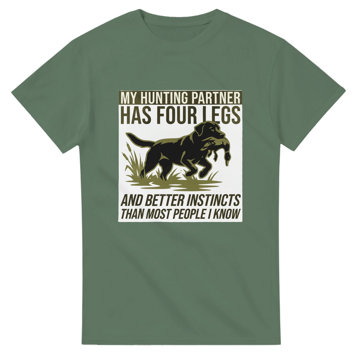 Military Green - My Hunting Partner Has Four Legs tee, plain front view on white