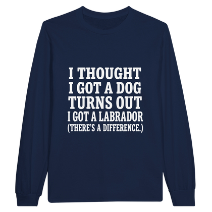 Navy - I Thought I Got a Dog long sleeve tee, plain front view on white