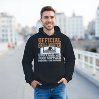 Load image into Gallery viewer, Black - Official Grill Master Lab hoodie, worn by a man outdoors on a waterfront promenade
