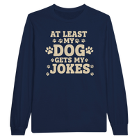 Load image into Gallery viewer, Navy - At Least My Dog Gets My Jokes long sleeve tee, plain front view on white
