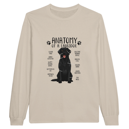 Sand - Anatomy of a Black Lab long sleeve tee, plain front view on white