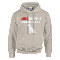 Load image into Gallery viewer, Sand - Shed Happens hoodie, plain front view on white
