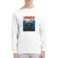 Load image into Gallery viewer, White - Jowls Black Lab long sleeve tee, worn by a man, plain light background
