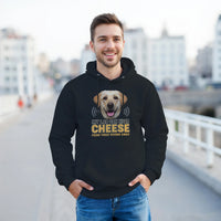 Load image into Gallery viewer, Black - My Lab Can Hear Cheese hoodie, worn by a man on a city street
