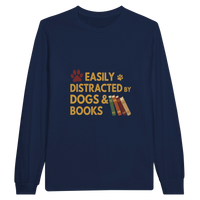 Load image into Gallery viewer, Navy - Easily Distracted by Dogs and Books long sleeve tee, plain front view on white
