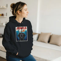 Load image into Gallery viewer, Black - Jowls Black Lab hoodie, worn by a woman sitting on a couch in a living room
